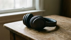 Una escena tranquila de auriculares sobre una mesa de madera con luz suave. — Estética musical Fondos de pantalla