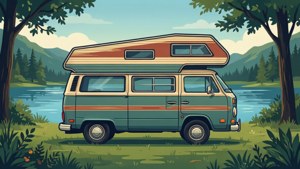Papel tapiz vectorial retro de autocaravana para un ambiente de viaje por carretera veraniego.