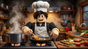 Cocina sin parar con un avatar chef de Roblox en una cocina bulliciosa.