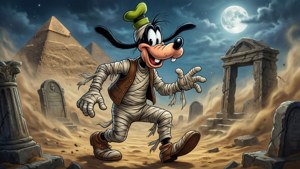 Goofy como momia en una escena de Halloween con temática egipcia.