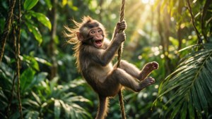 Mono alegre columpiándose en una liana en una selva vibrante — Mono lindo Fondos de pantalla