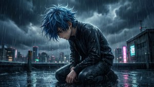 Un chico de anime triste se arrodilla en una azotea bajo la lluvia, con la cabeza gacha, en medio de un paisaje urbano tormentoso. — Anime triste GIF Fondos de pantalla