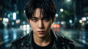 Bang Chan con chaqueta de cuero bajo la lluvia de noche