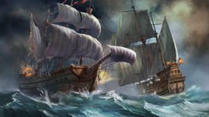 Fondo de pantalla de barco de guerra antiguo en el océano. — Océano Fondos de pantalla