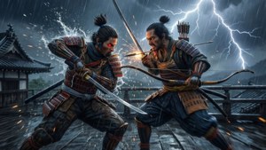 Sekiro se enfrenta a Genichiro Ashina bajo un cielo tormentoso. — Sekiro shadows die twice GIF Fondos de pantalla