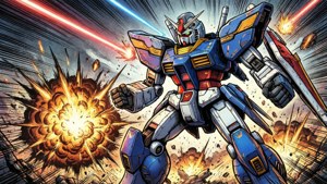 Una dinámica batalla de mecha manga con explosiones y rayos láser. — Manga GIF Fondos de pantalla