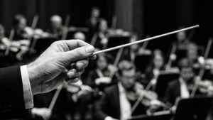Primer plano dramático en blanco y negro de la batuta del director con la orquesta. — Estética musical Fondos de pantalla