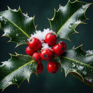 Toma macro de bayas de acebo con nieve, rojo y verde festivo. — Navideño aesthetic Fondos de pantalla