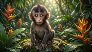 Adorable bebé mono sentado sobre una roca cubierta de musgo en una selva tropical con suave luz solar — Mono lindo Fondos de pantalla