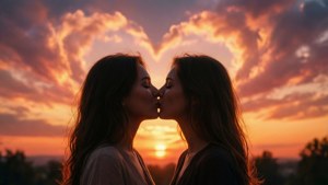 Pareja romántica LGBTQ+ besándose en silueta al atardecer con nubes en forma de corazón.
