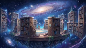 Una escena anime caprichosa de una biblioteca flotante en el espacio — Escena de anime GIF Fondos de pantalla