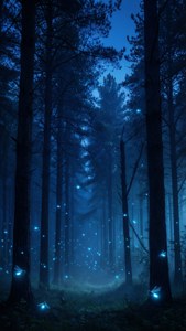 Un misterioso bosque azul oscuro con luciérnagas brillantes y pinos imponentes. — Azul oscuro aesthetic Fondos de pantalla