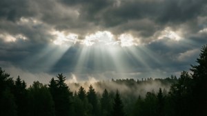 Rayos de sol atravesando las nubes sobre un bosque brumoso. — Vista del cielo Fondos de pantalla