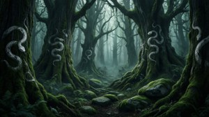 Un bosque místico con elementos de Slytherin ocultos en la naturaleza.