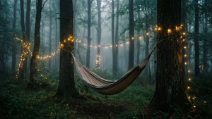 Bosque sombrío con luces de hadas y hamaca.