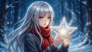 Chica anime de cabello plateado y bufanda roja sosteniendo una estrella brillante en un bosque nevado.