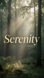 'Serenidad' en dorado pálido sobre un bosque brumoso con rayos de luz, estética natural y tranquila. — Palabras estéticas GIF Fondos de pantalla