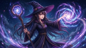 Fondo de pantalla anime genial de una bruja lanzando un hechizo bajo las estrellas.