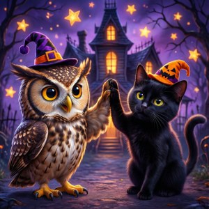 Adorable búho y gato chocando los cinco con sombreros de Halloween cerca de una casa encantada.