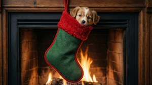 Una escena acogedora de un calcetín navideño con un lindo cachorro asomándose, junto a una chimenea encendida. — Navidad linda Fondos de pantalla
