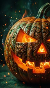 Tallado de calabaza detallado con brasas brillantes — Estética de halloween Fondos de pantalla