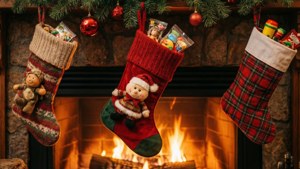 Calcetín navideño repleto de regalos junto a una chimenea cálida. — Navidad linda Fondos de pantalla