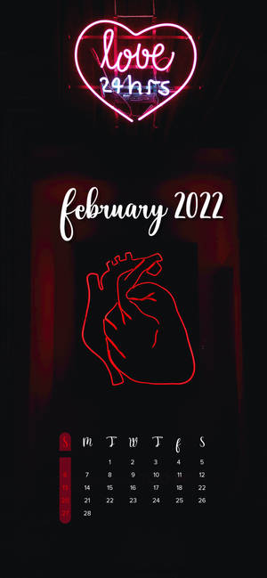 Fondo de pantalla de calendario de febrero 2022 corazón neón — iPhone 17 Fondos de pantalla
