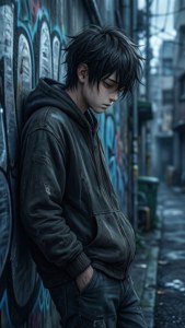 Un chico anime triste en un callejón, apoyado contra una pared. — Anime triste GIF Fondos de pantalla