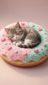 Pusheen durmiendo en una cama con forma de dona, un fondo de pantalla súper kawaii para amantes de los gatos. — iPhone 7 Plus Fondos de pantalla