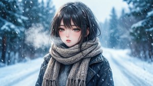 Chica anime disfrutando de un paisaje invernal nevado. — 1366x768 Fondos de pantalla