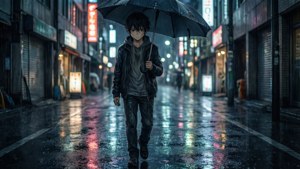 Un chico anime triste camina solo por una calle de la ciudad bajo la lluvia nocturna, empapándose.