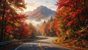 Paisaje anime de un camino sinuoso otoñal hacia las montañas. — Anime aesthetic GIF Fondos de pantalla