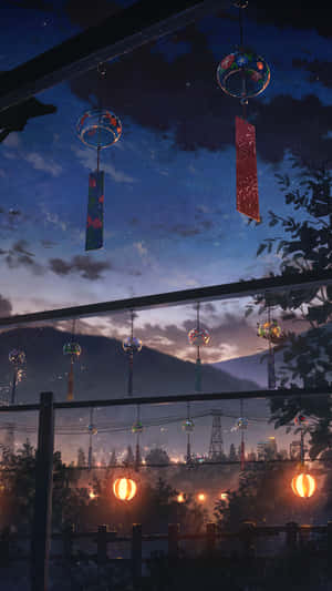 Campanillas de Viento Japonesas Paisaje Nocturno Anime
