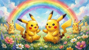 Acuarela linda de Pikachu jugando en un campo de flores con un arcoíris. — Nintendo Fondos de pantalla