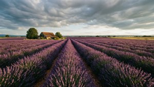Campo de lavanda ultra ancho con cielo nublado dramático y granja distante.