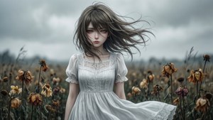Una chica anime en un campo marchito, triste y azotada por el viento. — Anime triste GIF Fondos de pantalla