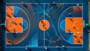 Cancha de baloncesto geométrica abstracta con colores vibrantes y visualización de datos. — Baloncesto Fondos de pantalla