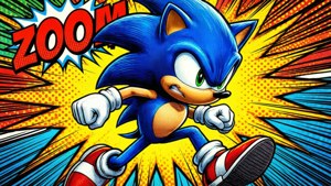Sonic salta de una página de cómic con efectos audaces.