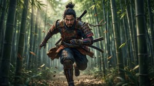 Fondo de pantalla de Sekiro corre a través de un bosque de bambú con movimiento intenso