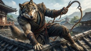 Lobo se balancea por los tejados de Ashina con su gancho de agarre en una escena de acción dinámica. — 1366x768 Fondos de pantalla