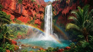 Cascada gigante en un acantilado de montaña roja con arcoíris sobre una piscina turquesa — Montaña roja Fondos de pantalla