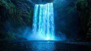 Una cascada de fantasía que brilla con luz azul neón — Estética azul neón Fondos de pantalla