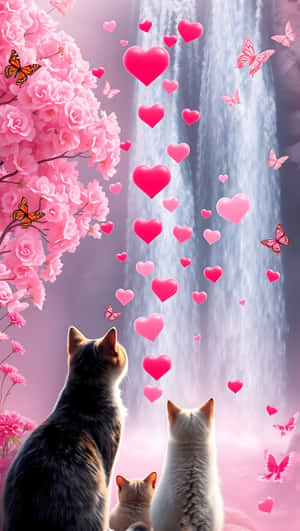 Día de San Valentín, amor, cascada, corazones, gatos, rosa, mariposas, mágico, romántico, fondo de pantalla para smartphone — Cascada Fondos de pantalla