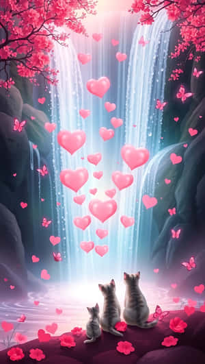 Día de San Valentín, amor, cascada, corazones, gatos, rosa, mariposas, mágico, romántico, fondo de pantalla para smartphone — Cascada Fondos de pantalla