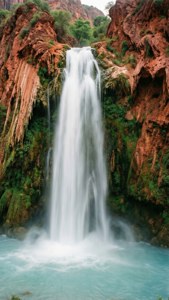 Exposición larga de una cascada sobre acantilados rojos de montaña con agua suave