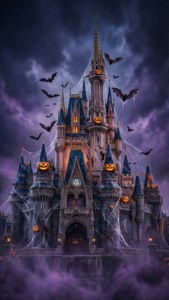 El castillo de Cenicienta de Disney reinventado como un castillo embrujado de Halloween.