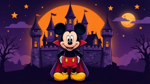 Mickey Mouse como vampiro frente a un castillo embrujado en estilo vectorial plano