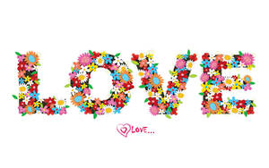 Inscripción de la palabra "amor" hecha con diferentes variedades de flores de colores en flor sobre fondo blanco.