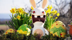 Rabbid de Rayman con huevos de Pascua coloridos para Pascua, fondo de Pascua — iMac Fondos de pantalla