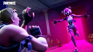 Un oso de peluche rosa corriendo hacia un personaje masculino, fondo de pantalla HD de Fortnite.